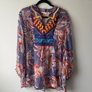 Soft Surroundings Multicolor Floral Embroidered sheer Tunic Blouse